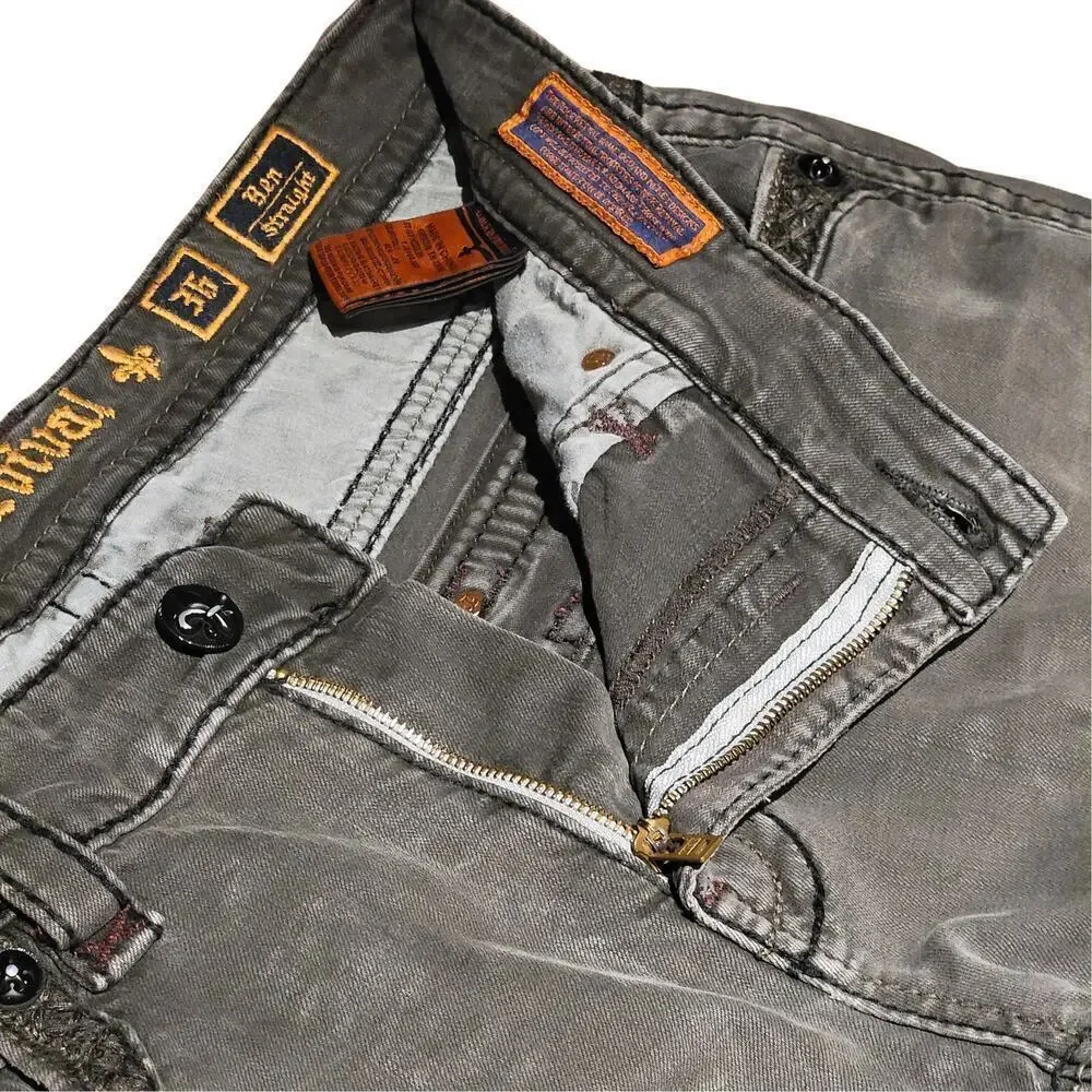 ROCK REVIVAL Gray Ben Straight Leather Detail Jeans Mens 36 Rebel Biker 90's